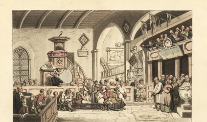 Service du dimanche dans une église de campagne, époque Regency
