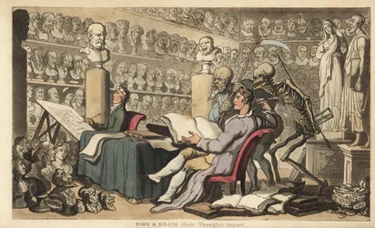 Les figures du Temps avec une faux et de la Mort avec sa lance et son sablier se tiennent derrière un artiste avec une plume dessinant dans un atelier rempli de bustes et de sculptures classiques. Gravure en cuivre dessinée et gravée par Thomas Rowlandson 