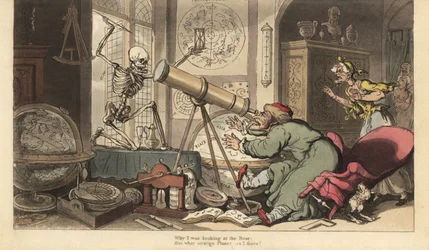 Le squelette de la Mort apparaît devant le télescope du vieil astronome, le faisant tomber de sa chaise. Gravure en cuivre dessinée et gravée par Thomas Rowlandson de The English Dance of Death