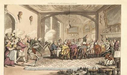 La mort apporte un plat fatal à un festin glouton dans une grande salle.