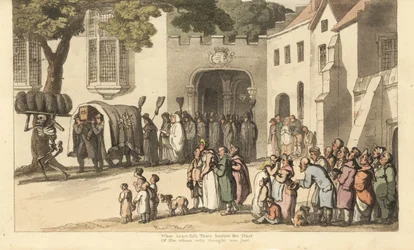 Le squelette de la Mort porte des plumes funéraires noires devant le cortège de Lord Roland. Gravure à la main par Thomas Rowlandson de « The English Dance of Death »