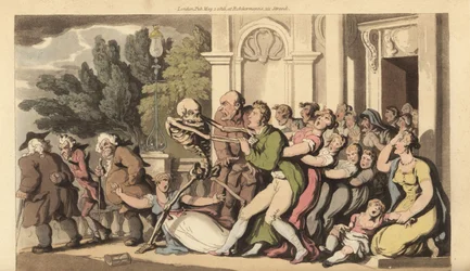 Le squelette de la Mort attrape un père par le col, tandis que sa femme et ses enfants essaient désespérément de le sauver. Gravure en cuivre dessinée et gravée par Thomas Rowlandson de The English Dance of Death