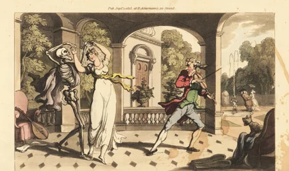 Le squelette de la Mort en cape danse une dernière valse avec la fragile Caelia, tandis que son professeur de danse regarde avec effroi. Gravure à la main en cuivre dessinée et gravée par Thomas Rowlandson de The English Dance of Death, Ackermann, Londres