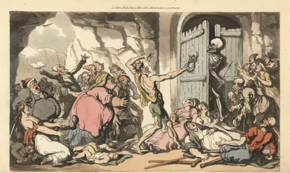 La mort regarde derrière la porte de la mort, pour voir la foule de personnes obèses, boiteuses, estropiées, vieilles et folles attendant la libération des tourments de la vie.