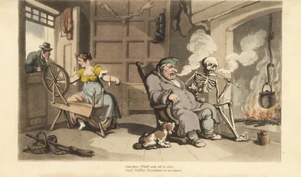 Le squelette de la Mort fume une pipe au coin du feu avec le vieux Gaffer Goodman, tandis que sa jeune femme est séduite par un prétendant à la fenêtre. Gravure à la main en cuivre dessinée et gravée par Thomas Rowlandson de The English Dance of Death, Ack