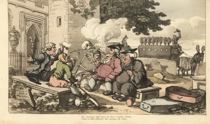 Le squelette de la Mort fume une pipe sur une pierre tombale avec des hommes qui vivent de la mort - prêtre, fossoyeur, entrepreneur de pompes funèbres, sonneur de cloches, conducteur de corbillard et avocat. Gravure à la main par Thomas Rowlandson de « Th