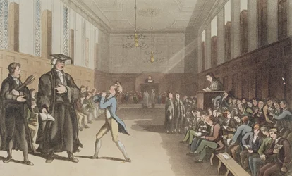 Le précepteur sévère, avec son signe menaçant, appelle la sage correction de la baguette, extrait de A Compendious Treatise on Modern Education, 1802