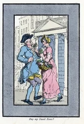 Marchand de fleurs itinérant, approchant un gentilhomme souriant avec un petit bouquet de roses (1819). Gravure sur bois, d