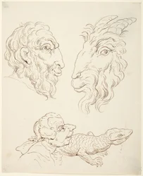 Deux caricatures : un homme et une chèvre, un homme et un lézard