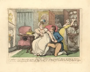 Deux amoureux dans un salon dérangés par des servantes curieuses