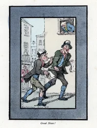 Deux vendeurs de journaux avec de longs sifflets vendant des journaux dans une rue de Londres