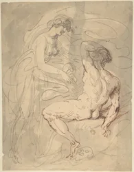Une femme parlant à un homme nu assis