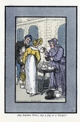Femme vendant des pichets, théières et bols à un coin de rue. Une jeune femme élégante regarde les marchandises. Gravure sur bois, d