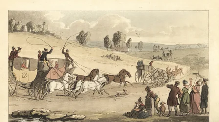 Jeunes gentlemen anglais faisant la course de voitures à quatre chevaux sur une route