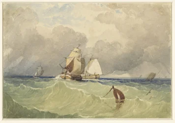 Trois-mâts et tjalk naviguant en pleine mer