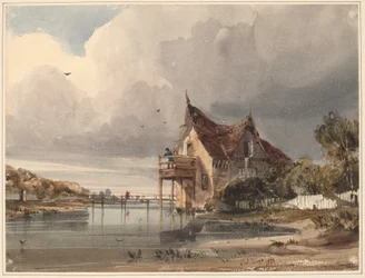 Une rivière et un cottage avec une palissade blanche