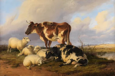 Moutons et bovins dans les marais (huile sur toile)