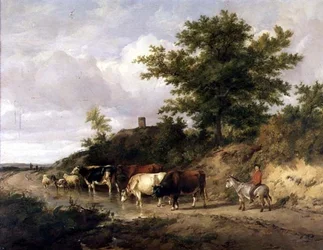 Paysage boisé avec un garçon sur un âne et du bétail à un gué
