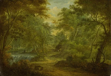 Paysage boisé avec un ruisseau et un pêcheur