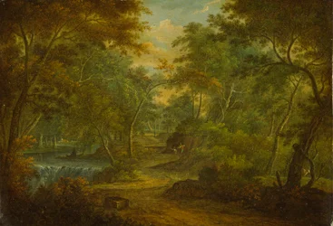 Paysage boisé avec un ruisseau et un pêcheur