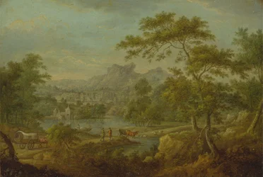 Paysage imaginaire avec une charrette et une vue lointaine d