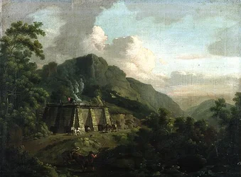 Paysage boisé, avec des ouvriers et des chevaux travaillant à un four à chaux
