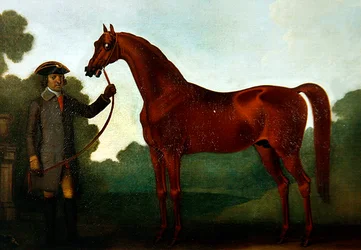 Le cheval arabe de M. Charles Wilson avec un palefrenier