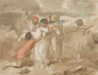 Une femme sauvée de la mer et assistée à terre, bateau à rames et sauveteurs en arrière-plan