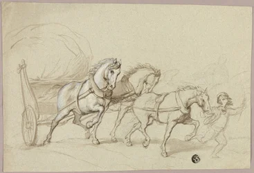 Enfant menant trois chevaux et une charrette