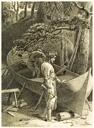 Robinson Crusoé et Vendredi fabriquent un bateau, de 