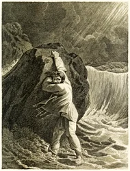 Robinson Crusoé naufragé et accroché à un rocher de La vie et les aventures surprenantes de Robinson Crusoé, marin de York par Daniel Defoe