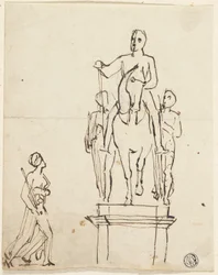 Sculpture de cavalier accompagné de deux figures debout, avec croquis de l