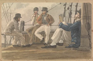 Quatre marins se détendent sur le pont, l