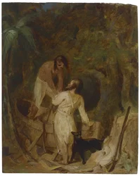 Construction de bateau par Robinson Crusoé et Vendredi, vers 1856