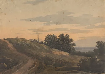 Paysage vallonné avec maison, chemin et figures