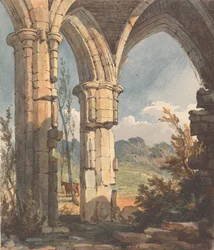 Paysage à travers une arche en ruine