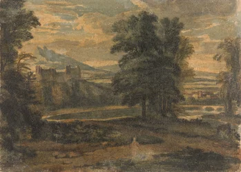 Paysage avec montagnes, château, arbres et lac