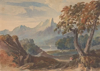 Paysage avec montagnes, château sur le lac, figure assise au premier plan