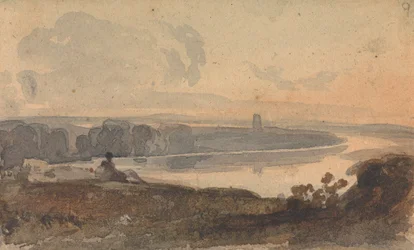 Paysage, avec rivière sinueuse, figure sur la colline au premier plan