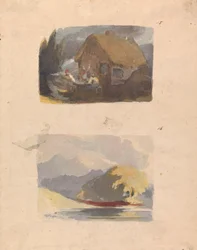 Deux dessins sur une feuille : Cottage avec figures devant (n° 15) ; Paysage avec rivière et montagnes - Soleil (n° 16)