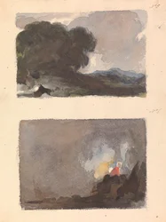 Deux dessins sur une feuille : Paysage avec arbre au premier plan et montagnes au loin - Principe de Hobbema et Ruysdael (n° 5) ; Figure dans une scène intérieure - Principe de Teniers et Ostade (n° 6)