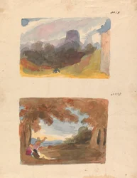 Deux dessins sur une feuille : Paysage avec château - manière moderne (n° 13) ; Paysage avec personnages au premier plan (n° 14)