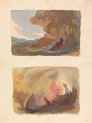 Deux dessins sur une feuille : Paysage avec figure allongée contre une colline - Titien et école vénitienne (n° 7) ; Paysage - Variété de lavis aquarelle (n° 8)