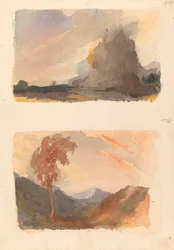 Deux dessins sur une feuille : Paysage avec grande falaise au premier plan - Principe de Cuyp (n° 3) ; Paysage avec arbre au premier plan, montagnes au loin - Principe de Both (n° 4)