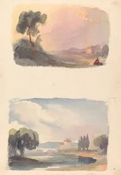 Deux dessins sur une feuille : Paysage avec montagnes au loin et figures assises au premier plan (n° 1) ; Paysage avec rivière et bâtiment, montagnes au loin (n° 2)