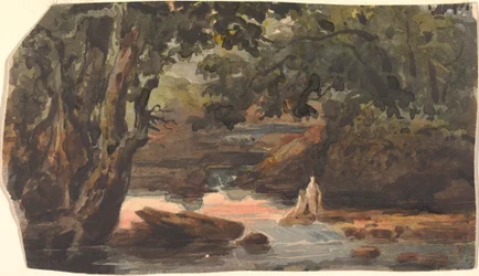 Deux Figures dans un Ruisseau, Bordé par de Grands Arbres