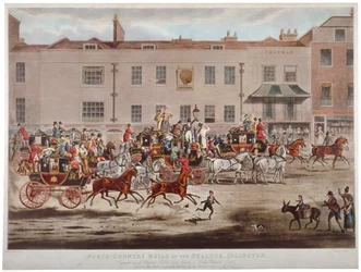 Diligences postales devant le Peacock Inn, Islington High Street, Londres, 1823