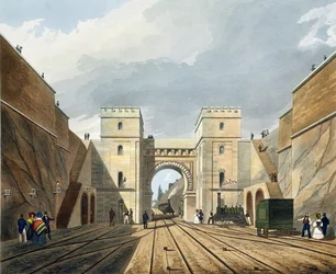 Arc mauresque, vu depuis le tunnel, planche 10 de «Liverpool and Manchester Railway», gravée par S.G. Hughes, publiée par R. Ackermann, 1831