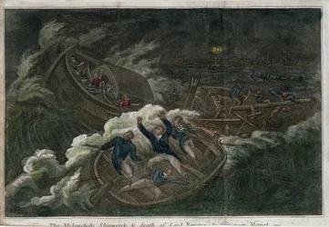 Le naufrage mélancolique et la mort de Lord Royston. Lithographie (17,5 x 25,8 cm), édition de Londres (Angleterre), par Thomas Tegg (1808 ?)