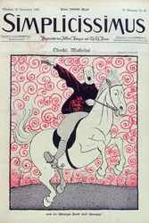 Caricature de Benito Mussolini (1883-1945), couverture du magazine Simplicissimus, publiée à Munich, le 24 septembre 1923